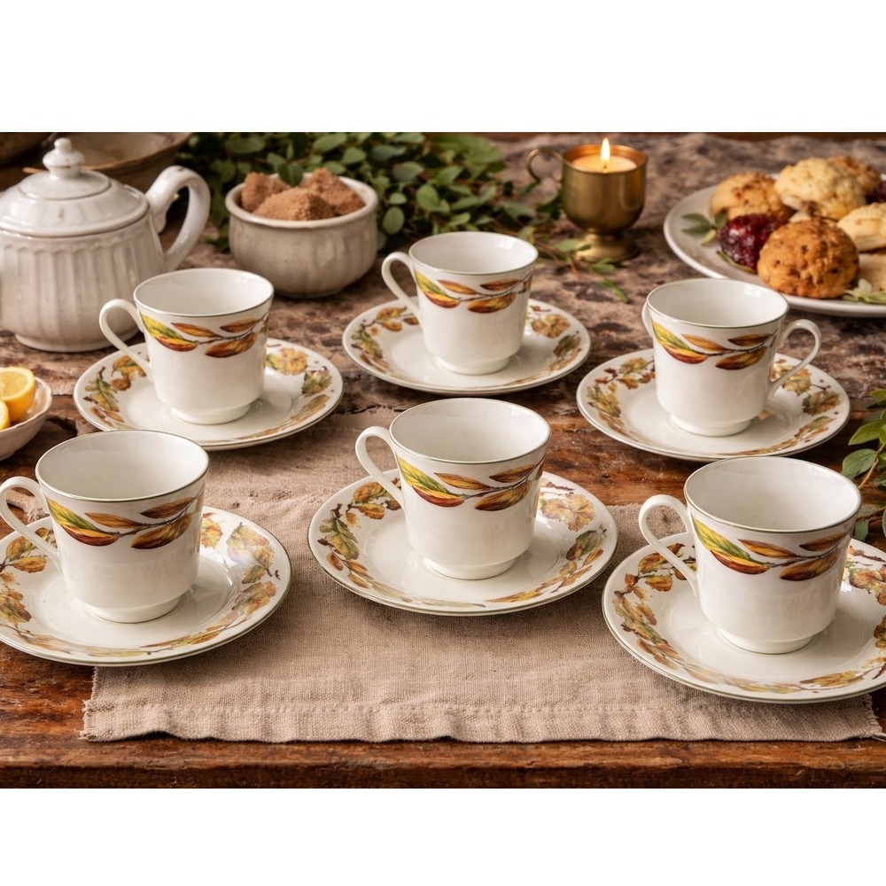 American Atelier Pilgrims Harvest Tea Cup Saucer Set 5 Autumn Oak Leaf Acorn